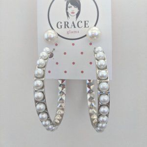 Silver Pearl Hoop Earrings Set Stud Medium Size